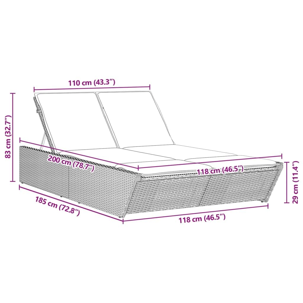 Lettino da sole doppio, regolabile, resistente alle intemperie, in polyrattan con cuscino, design ergonomico pieghevole per giardino, patio, balcone, piscina, uso esterno