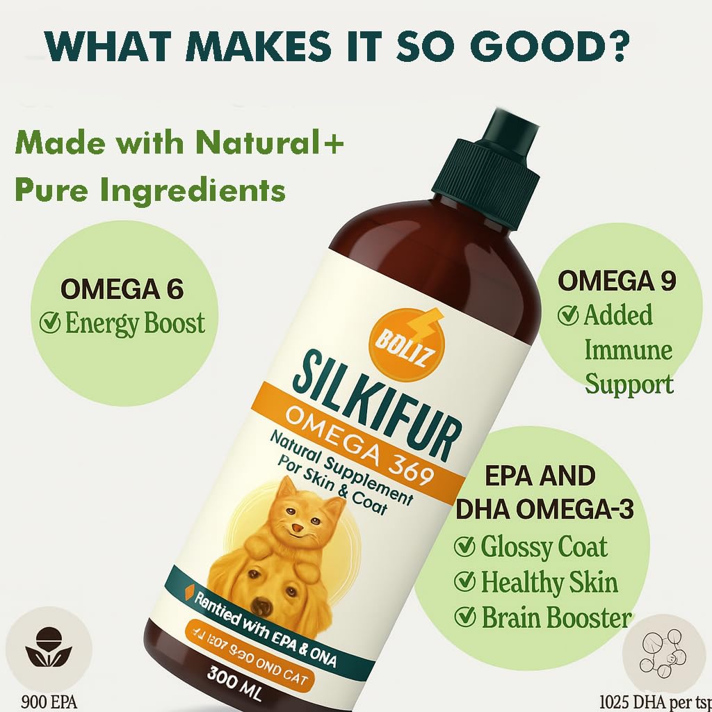 Boltz SILKIFUR Omega 369 for Dogs Skin & Coat Tonic – 300ml | Omega 3, 6, 9 Supplement for Healthy Skin, Shiny Coat & Reduced Shedding | Natural Pet Oil for Itching, Dryness & Allergies 4