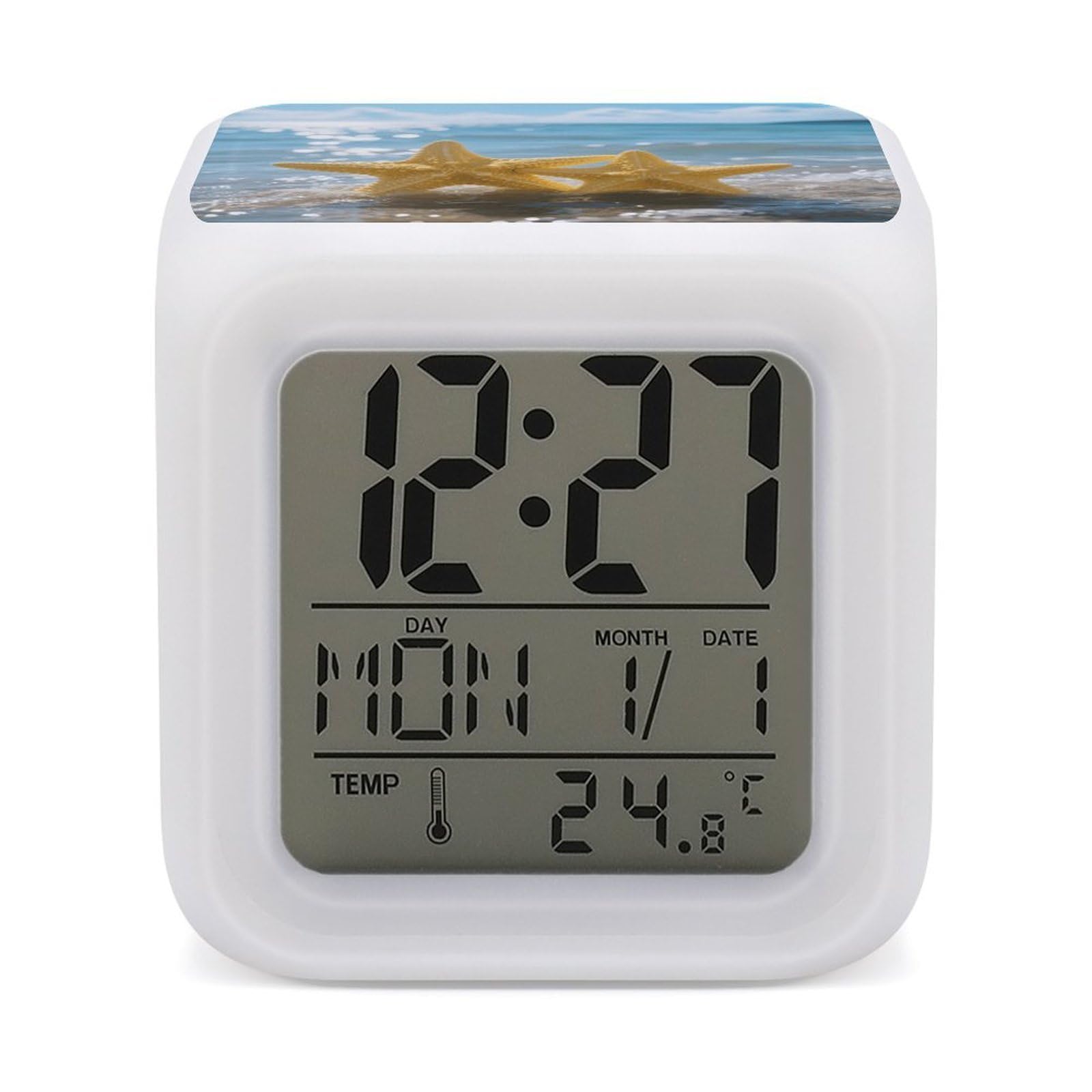 7 Color Ambient Night Light Cube Battery Operated Yellow Starfish on Beach Digital Clock with Snooze Temperature LED Digital Alarm Clocks Dimmable Wake Up Light Portable Mood Lamp for Bedroom Desk Gif