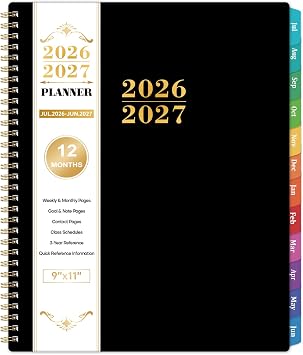 Planner 2026-2027 - Academic Planner 2026-27, Jul.2026 - Jun.2027, 9"x11", 2026-2027 Planners Weekly and Monthly with Colorful Tabs + Class Schedules + Back Pocket + Twin-Wire Binding - Black