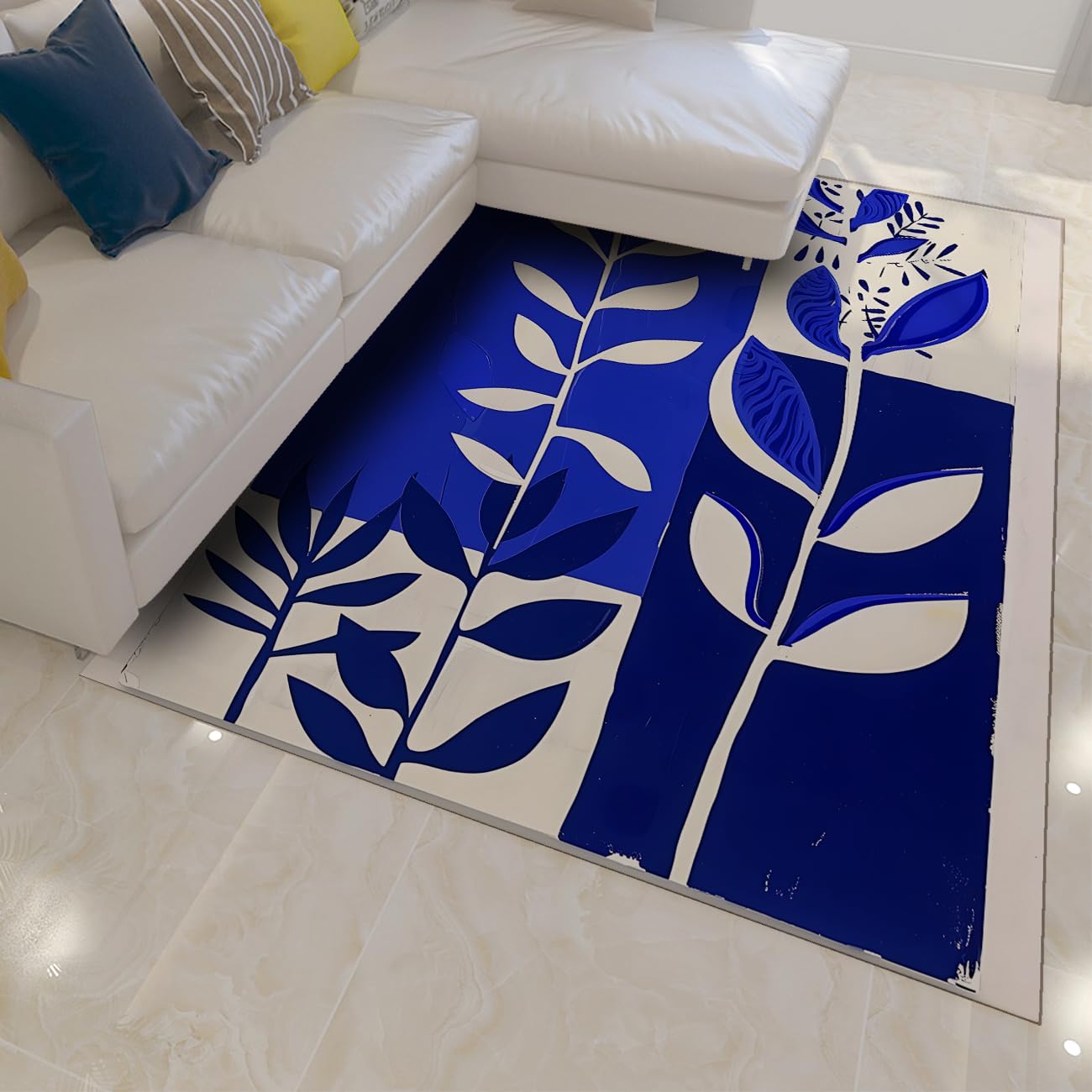 Tapis d’espace 180x240 lavable et moderne bleu et blanc pour salon ou grande chambre