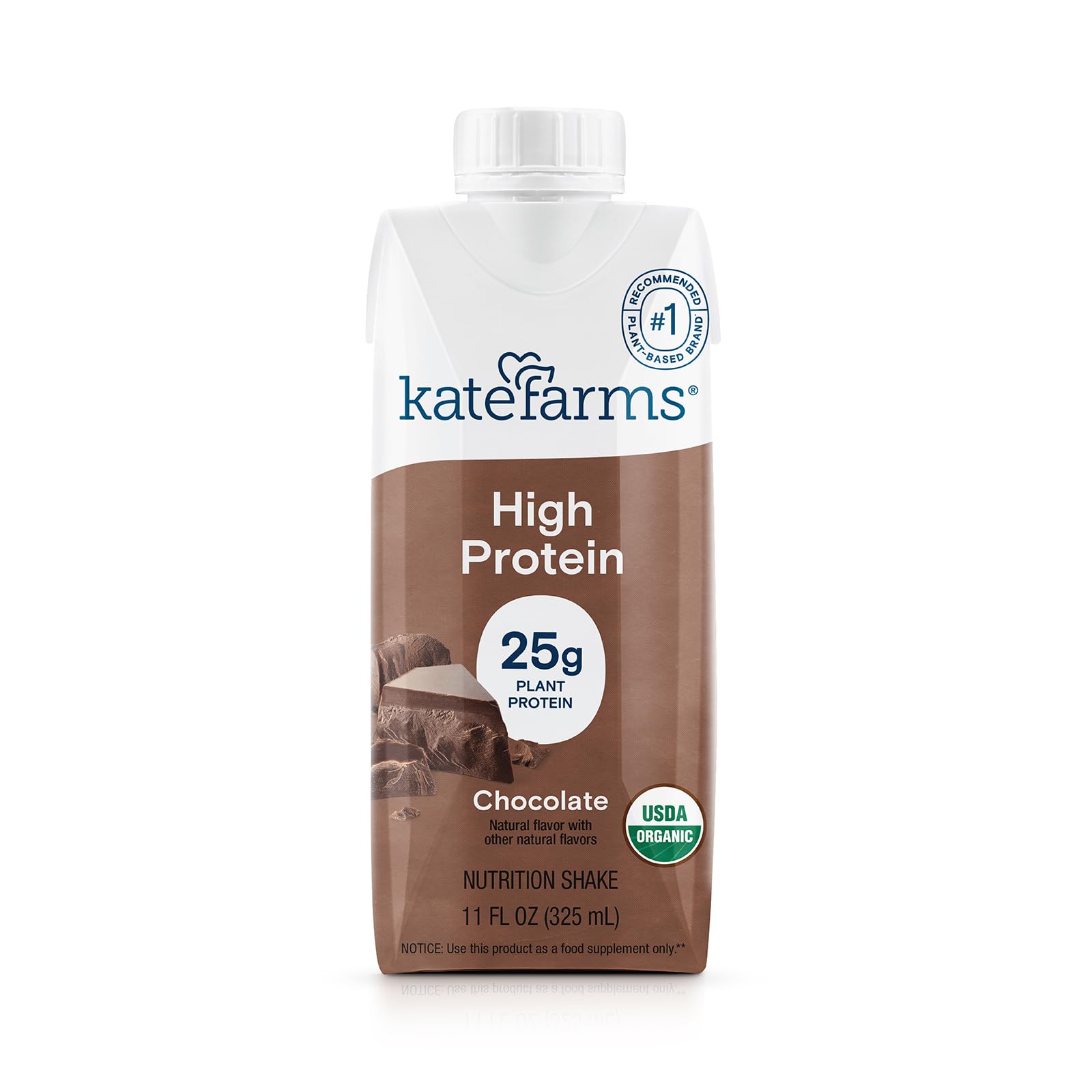 KATE FARMS Organic High Protein Chocolate Nutrition Shake, 25g Protein, 6g Fiber, 27 Vitamins and Minerals, 0g Sugar, Protein Drink, 11 oz Bottle