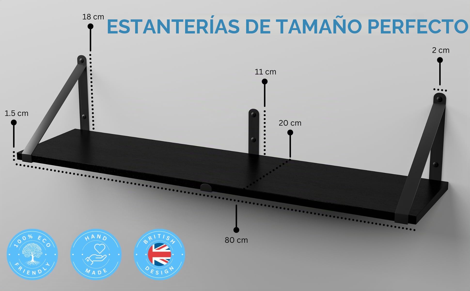 CASSA ZENO Estantes Flotantes de Pared para Libros Juego de 3, Estante de 80cm x 20cm para Dormitorio Sala de Estar Oficina Baño Cocina Madera Rústica con Soporte de Metal (Negro)