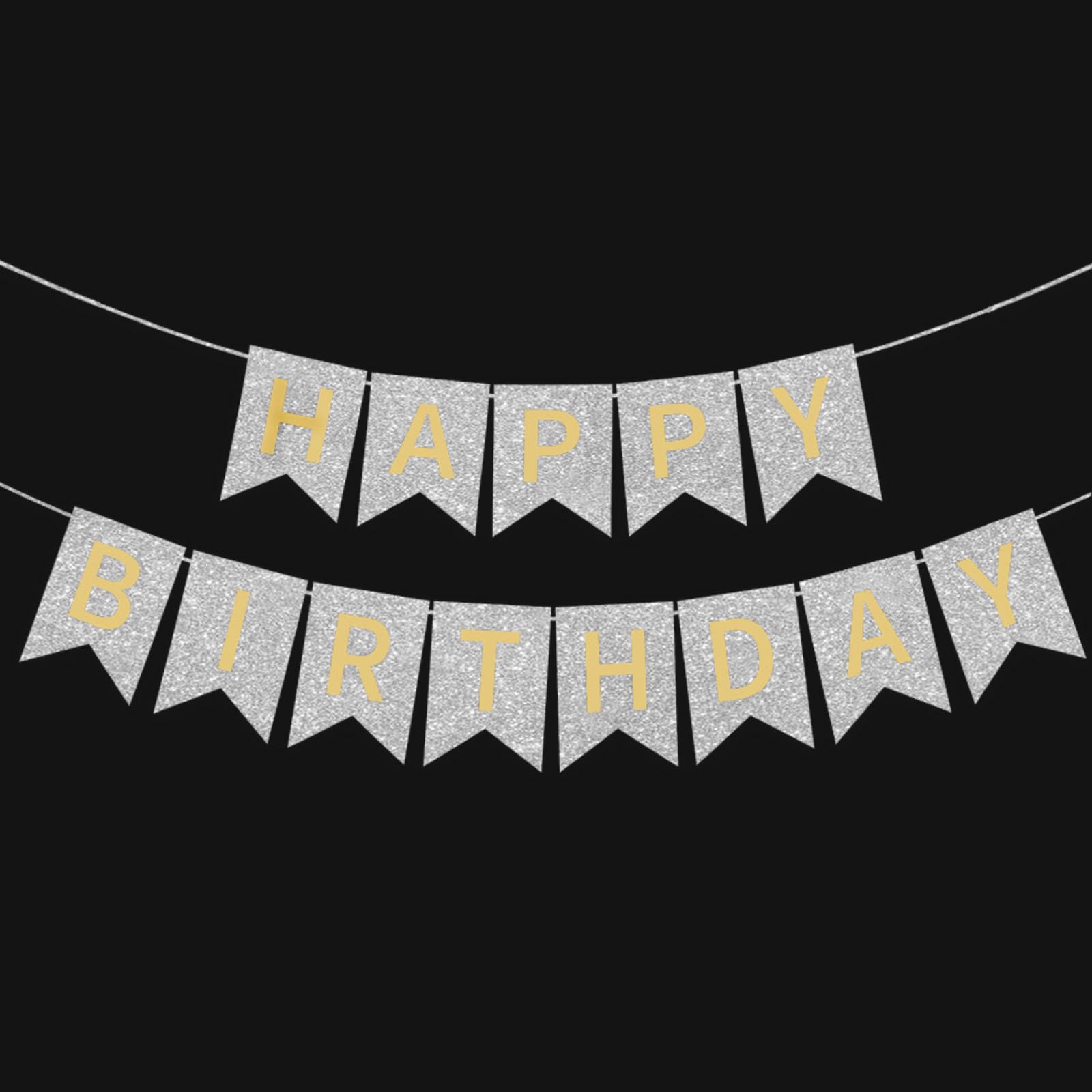 Silver Happy Birthday Banner - 16 ft Pre-Strung Gold &amp; Silver Birthday Party Decorations Sign for Girls, Boys, Kids, Women - No DIY Hanging Backdrop for Indoor &amp; Outdoor Celebrations