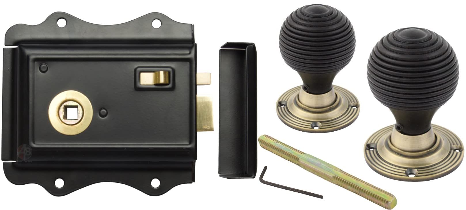 AB Hardware Old English Victorian Style Latch Lock Snib + Ebonised Beehive Rim Door Knob Set (Antique Brass)