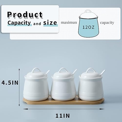 Vista 3 de HAOTOP Juego de 3 tarros de porcelana para condimentos con bandeja, 12 onzas, color blanco