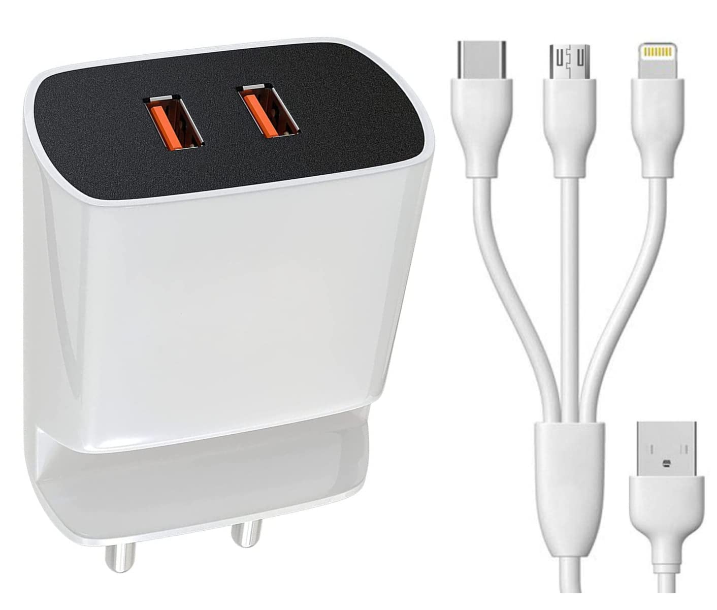 3 in 1 Charger For Oppo Reno Ace Original Mobile Charger With Inbuilt Mobile Stand | Wall Charger Android Smartphone Travel Charger | Multi-Layer Protection, Hi Speed Fast Dual port Charger With 1.2m 3-in-1 Multi Functional Super charging Cable Micro USB Android, iOS and Type-C USB Cable ( 3.4Amp, B1, White )