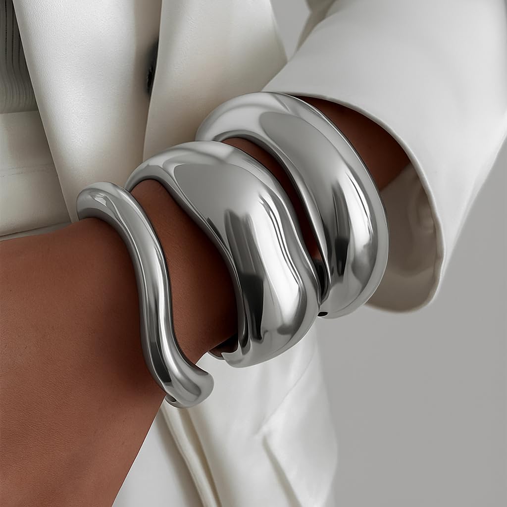 Chunky Gold Bangle Bracelets for Women, 14k Gold Plated Dainty Cuff Stackable Bangles Set, Trendy Bracelet Stack Fashion Jewelry Gifts - Image 2