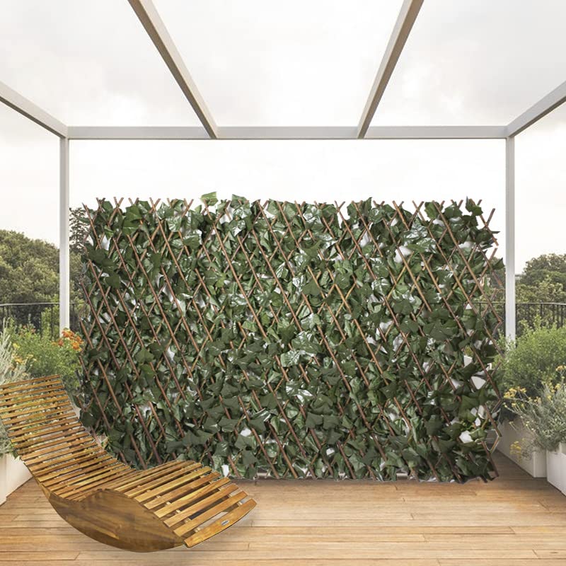 Virsus 1 Traliccio Estensibile in Legno Naturale salice con Foglie finte 2820, misura 100x200 cm, siepe Edera Artificiale per decorazione esterni pannello recinzione giardino, terrazzo arredo esterno