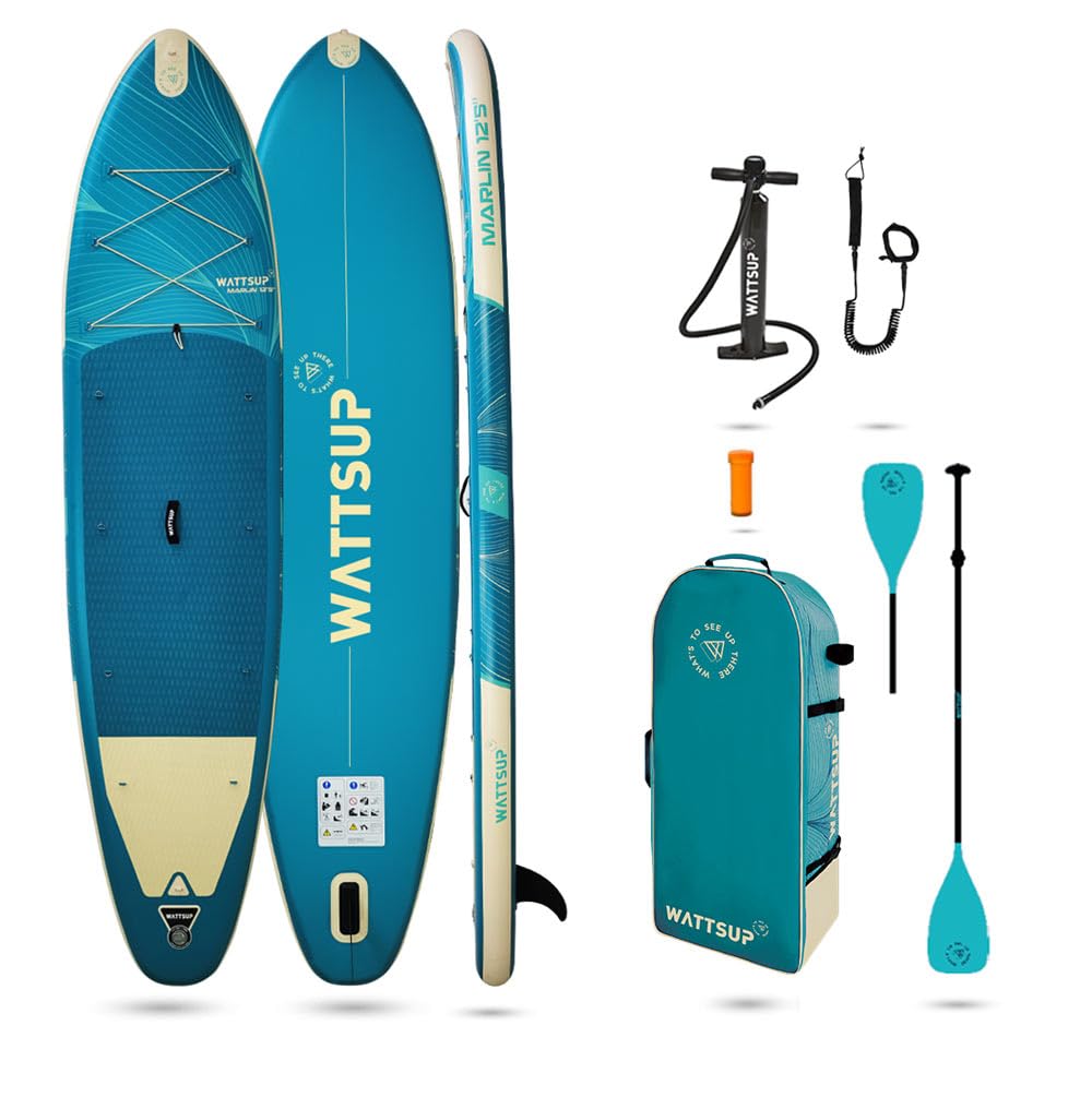 Wattsup - Sup Stand Up Paddle Inflable Marlin 12'5-​378x89x15 cm, Dropstitch - Pack Completo: Remo 2in1, Leash, Bomba, Bolsa de Transporte - hasta 185 kg - Azul