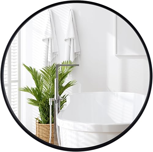 Miniatura 1 de Tangkula Espejo de baño circular negro de 24 pulgadas, espejo de pared redondo con película a prueba de explosiones, marco de acero, tornillos de