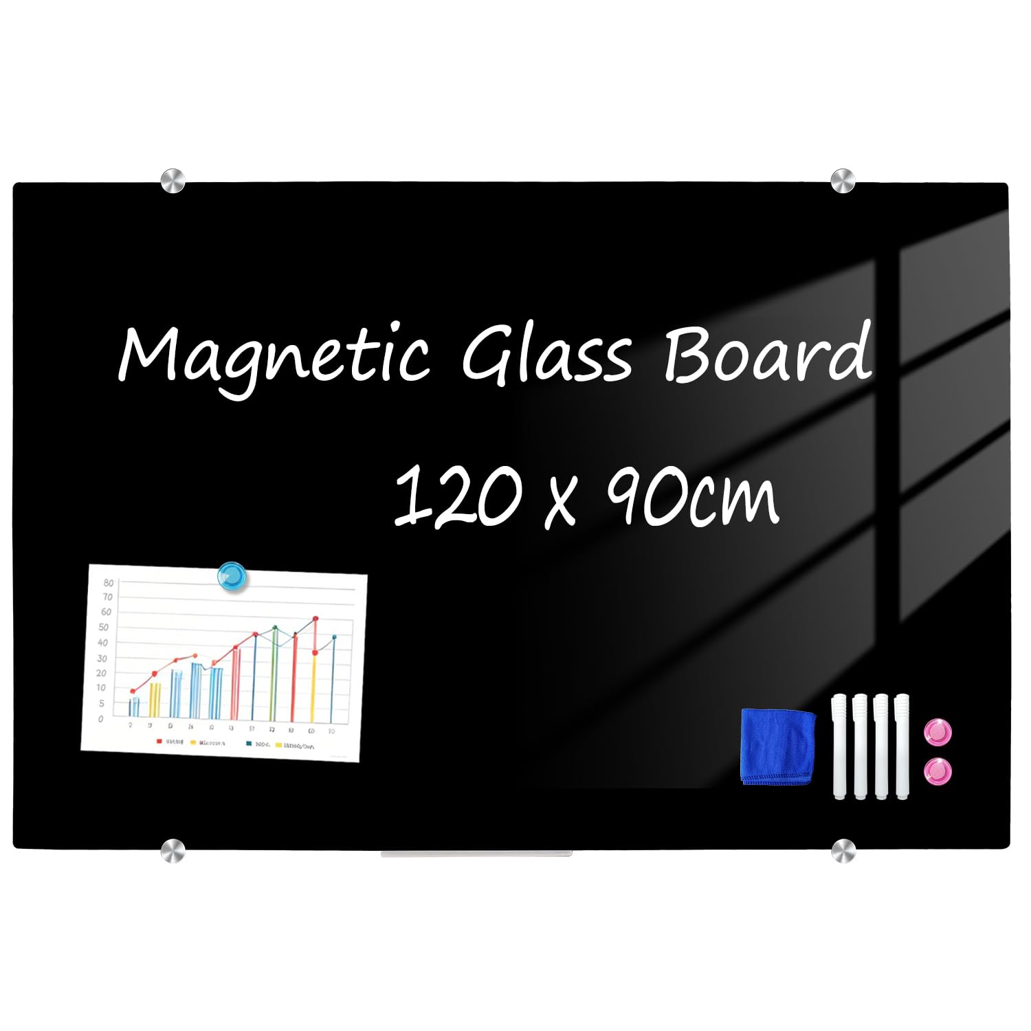XIWODE Magnetic Black Glass Dry Erase Whiteboard, Frameless Glass Dry Erase Board, 90 x 120cm,for Home, School, Office