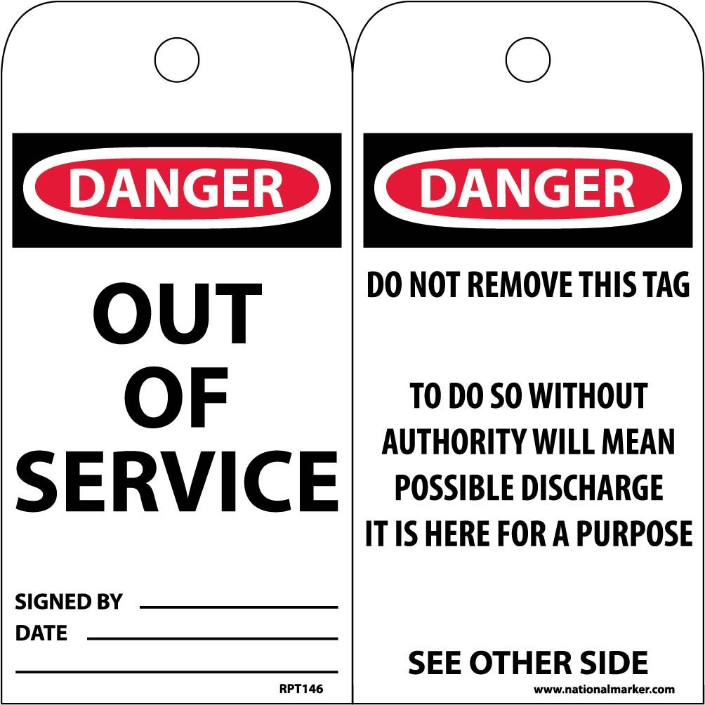 NMC RPT1G Danger - DO NOT Operate Tag - 3 in. x 6 in. Vinyl, Double Sided Danger Tag with Grommet, White/Black Text on Red/White Base