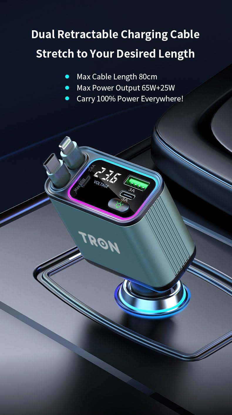 TRON 4 in-1, USB C Car Charger 65W,Retractable Cables (2.6Ft) and 2 USB Ports Car Charger Adapter,USB-C & USB-L Cable,Quick Charge for Android & iPhone &iPad,TR32