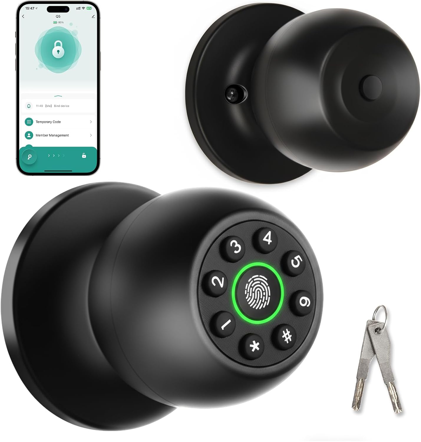 Smart Fingerprint Door Knob with Keypad, Fingerprint Door Lock, Keyless Entry Door Lock, Biometric Door knobs with App Control, Door Knob with Lock for Bedroom, Garage, Home & Office