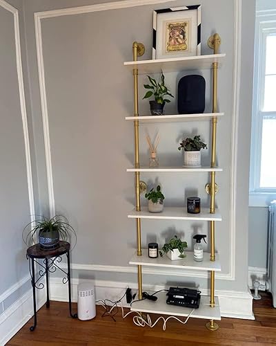 Miniatura 5 de ZIOTHUM Estantería dorada de 6 niveles, estantes blancos y dorados, estantes modernos, estantería de metal de mediados de siglo abierto, industrial,