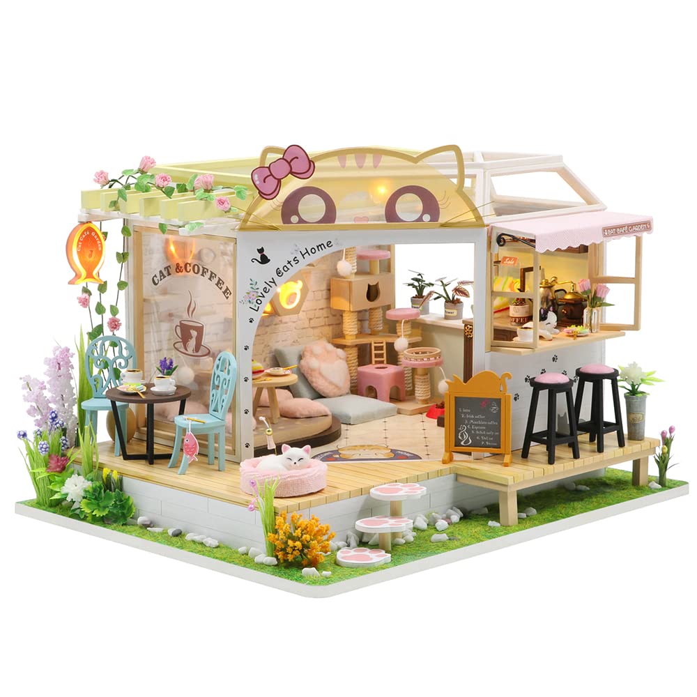 Lannso DIY Dollhouse Miniature Wooden Furniture Kit, Doll House Kit with Dust Proof Cover and Music Box, Mini Handmade Wooden Dollhouse Toys for Adult