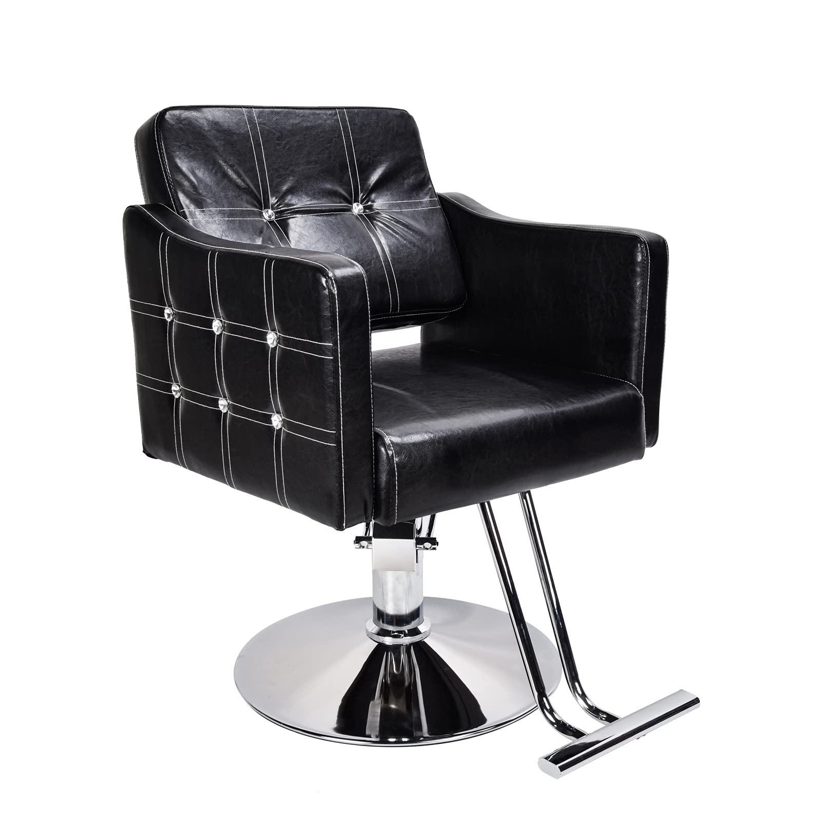 Schwarzer Retro-Friseurstuhl, höhenverstellbarer Friseurstuhl aus PU-Leder für Schönheitssalons, professionelle Stylisten, robust, 300 kg belastbar, verchromter Stahlrahmen