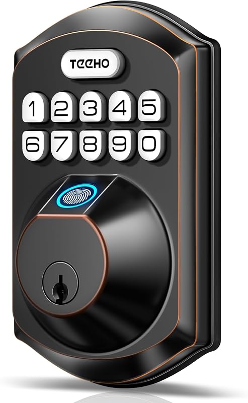 TE002 Fingerprint Deadbolt with Keypad for Front Door, Bronze | 1-Second Fingerprint Unlock, ANSI Grade 3, 20 User Codes, Auto Lock, Anti-Peep Password, IP54 Waterproof & Low Battery Alerts