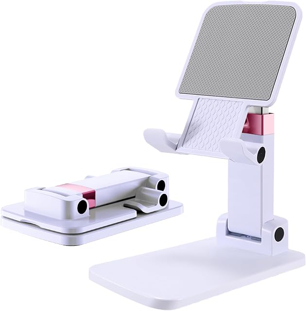 Phone Holder for Desk,Cell Phone Stand Adjustable Cellphone Stand for Desk Tablet Stand Height Angle Adjustable Stand Enhanced Stability (White, 1Pack) | for thick cases; Under 12" Tablets, e-readers; Folds flat; Anti-slip; Weighted base