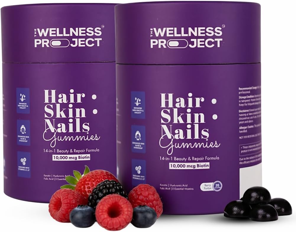 The Wellness Project 14-in-1 Hair, Skin & Nails Gummies with 10,000 mcg Biotin, Keratin, Hyaluronic & Folic Acid, Vitamins A, C, B5, B6 & B12 & Sea Buckthorn | Tasty Mixed Berry Flavor (Pack of 2)