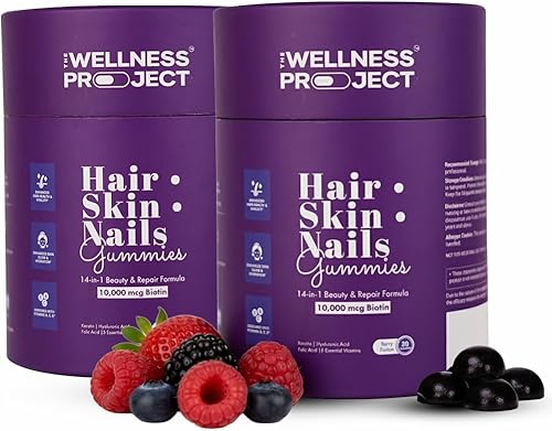 The Wellness Project Gomitas 14 en 1 para cabello, piel y uñas con 10,000 mcg de biotina, queratina, ácido hialurónico y fólico, vitaminas A, C, B5,
