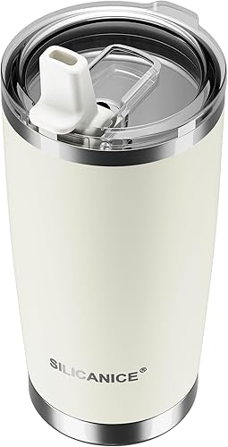 Vaso de acero inoxidable aislado al vacío con tapa de 20 onzas, con popote extraíble, color blanco, apto para lavavajillas, a prueba de derrames,
