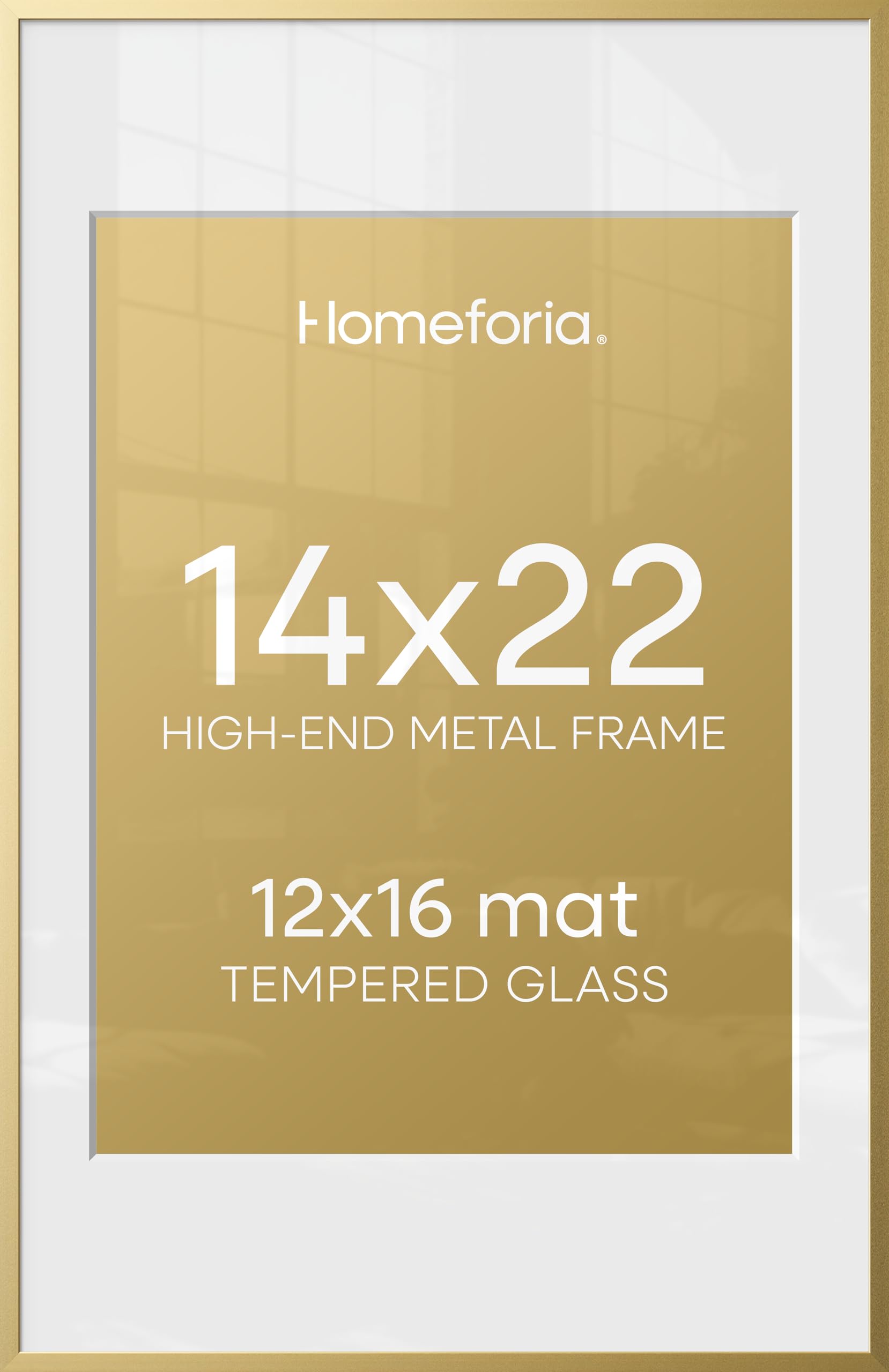 Homeforia 14x22 Gold Picture Frame, High-End Metal, 12x16 Mat, Glass | High End Aluminum, Tempered Glass, Acid-Free 12x16 Removable Mat, 14x22 in Edge-to-Edge Display 22x14, Wall Kit, Set Of 2
