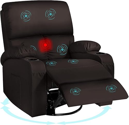 Silla reclinable mecedora, silla reclinable de masaje con masaje por vibración y calor, sillas reclinables giratorias de 360°, sala de estar,