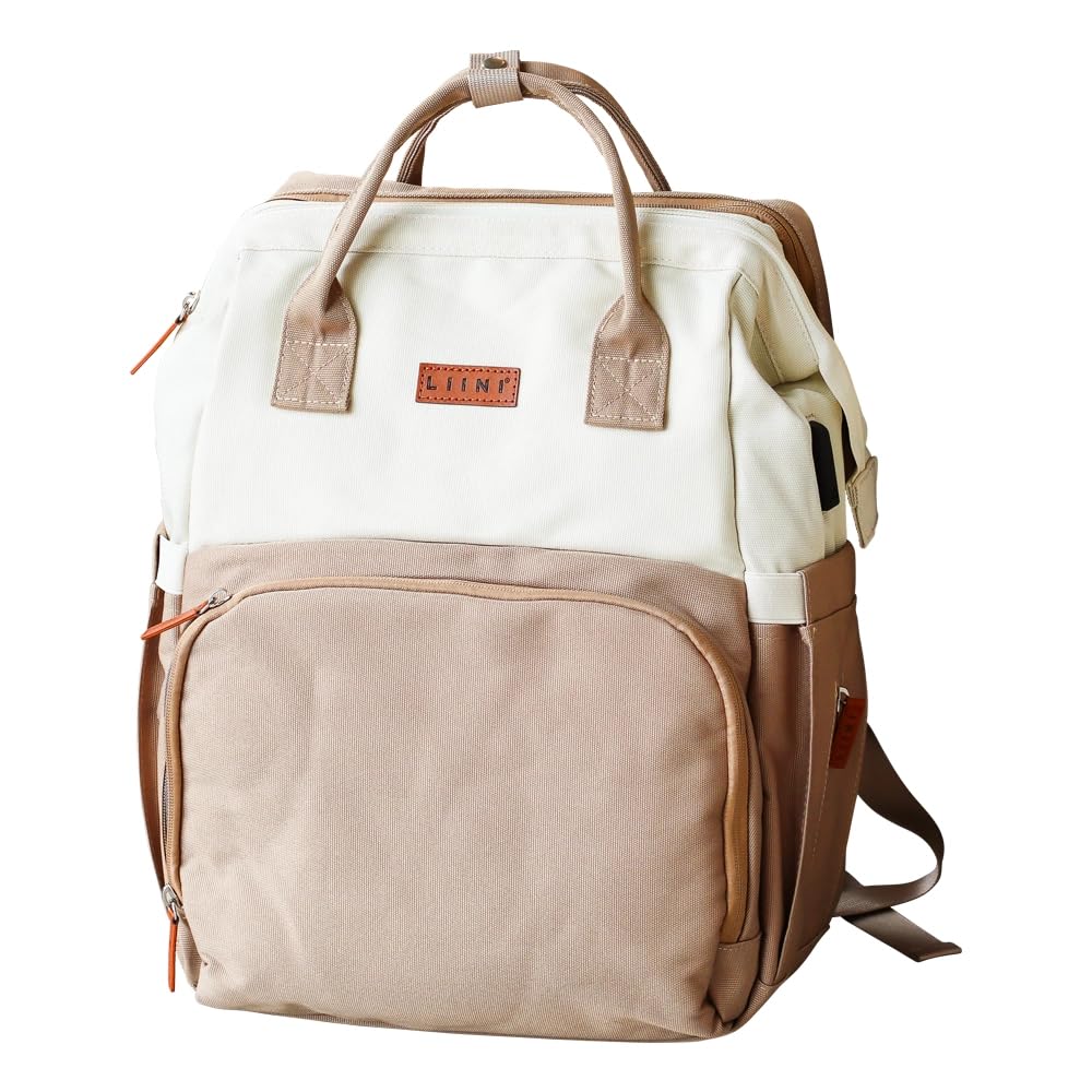 LIINI® Wickelrucksack Beige rPET – 29L Wickeltasche Rucksack aus recycelten PET-Flaschen, wasserfestes Fach für nasse Kleidung, isolierte Flaschenfächer, inkl. Wickelunterlage & Kinderwagenhaken