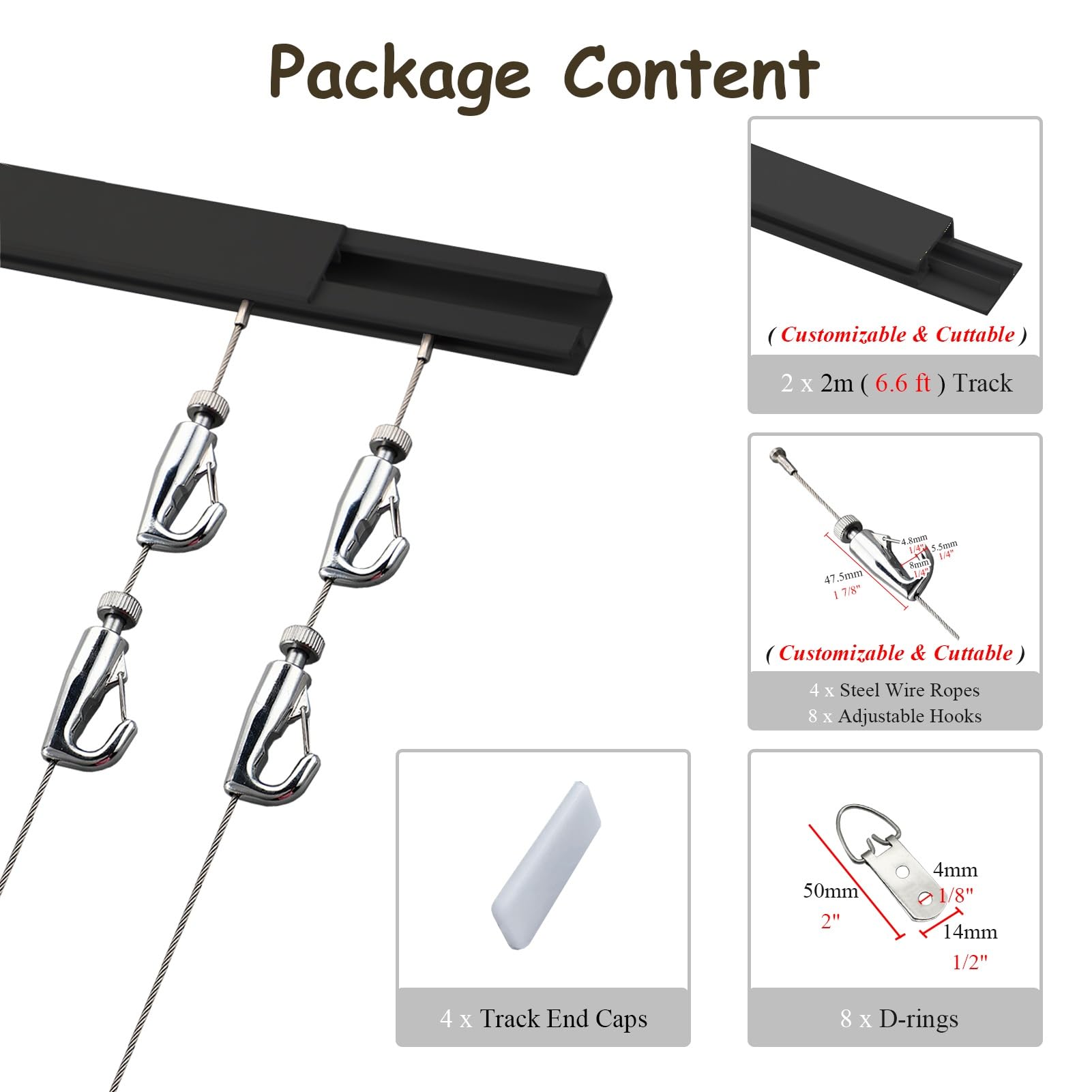Colgar Cuadros Riel para Colgar Cuadros de 2 M + Alambre para Marcos con 2 Ganchos, Colgadores para Espejos de Exhibición de Cuadros para la Pared, Riel Doble para Colgar Marcos de Fotos(Black,9.8"/3m