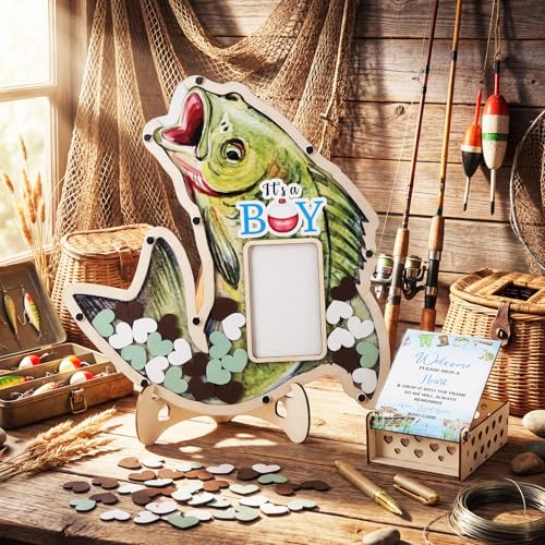 Image of Wenqik 63 Pcs Fishing a Little Fisherman is on the Way Baby Shower Guest Book Alternatives Set Baby Shower Decorations with Photo Frame Sonogram Frame Keepsake 60 Wood Slices Guest Book for Birthday