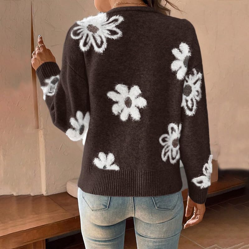 UOFOCO Womens Lightweight Cardigans Long Sleeve V Neck Flower Pattern Button Knit Sweater Coats Fall Y2k Comfort Outfits3