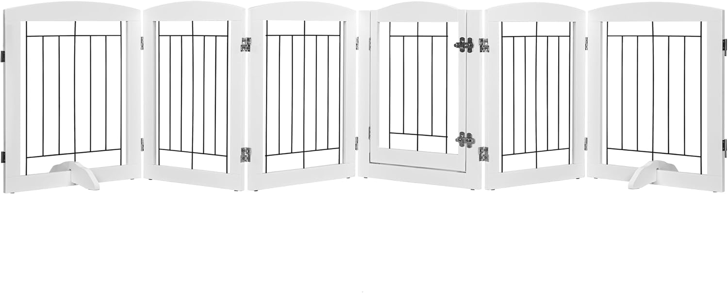 Spirich Extra Wide Dog Gates with Walk Through Door, Wooden Freestanding Pet Gates for Stairs, Doorways, 120" Wide Safety Fence with 6 Panels (White)