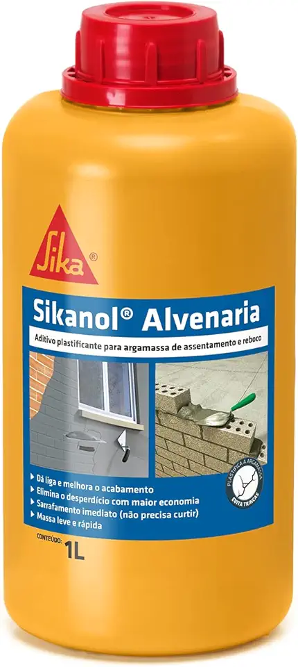 Sikanol Alvenaria, aditivo concentrado que proporciona liga e plasticidade às argamassas de reboco e assentamento, Marrom, Galão 1L