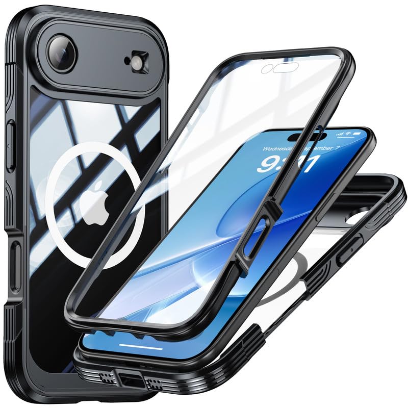 Image of LuxuryKase Shockproof Front & Back Cover for iPhone Air with Full Body Protection | Strong Grip | Camera & Screen Guard | Wireless Charging Support | Durable TPU+PC Design - Black