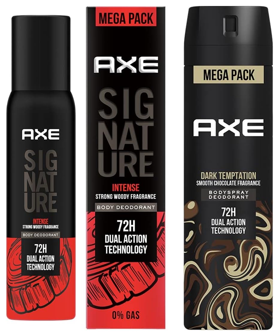Signature Intense Long Lasting No Gas Body Spray Deodorant For Men 200 Ml & AXE Dark Temptation Men's Deodorant 215 Ml Long Lasting Spray For Men With An Irresistible Scent