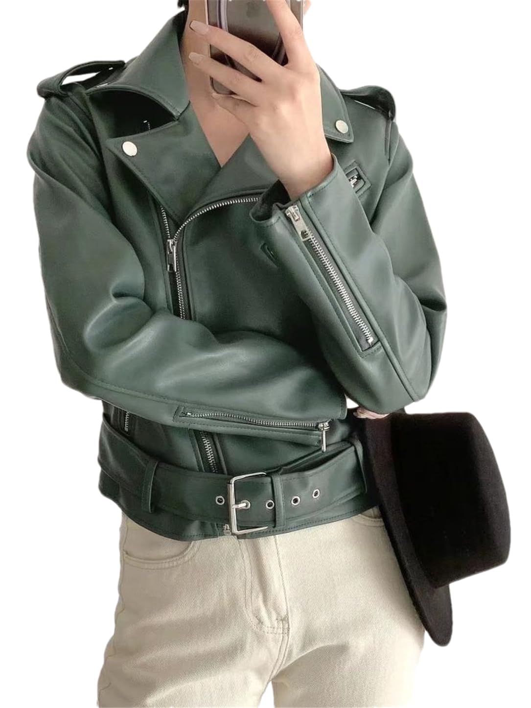 AdhdyuudWomen Autumn Vintage Motorcycle Leather Jackets Casual Slim Pockets Zippers PU Jacket Coat