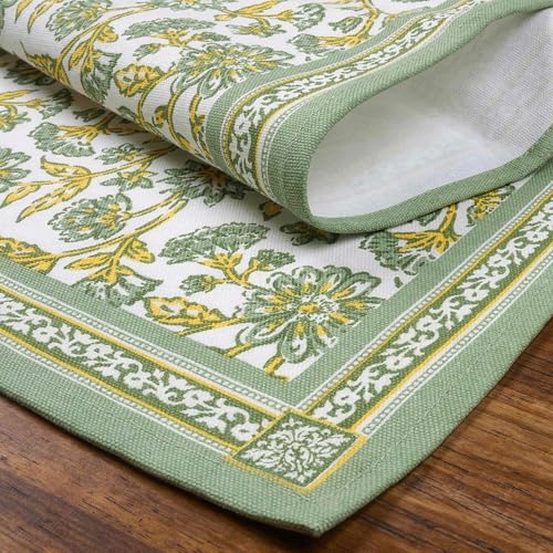 Image of Encasa XO Dining Table Runner for 4 to 6 Seater | Sage-02 Block Printed Cotton Canvas | 32x183 cm | Jaipur Sanganeri Hand Print