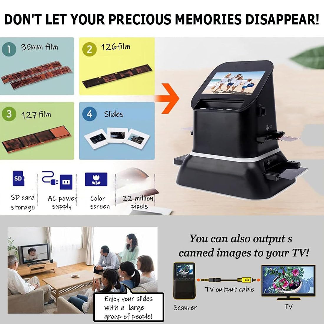 Scanner per Diapositive E Negativi,Scanner Film Ad Alta Risoluzione 120,Scanner Fotografico per Diapositive Negativi da 22 Megapixel,con Schermo LCD 4,3"