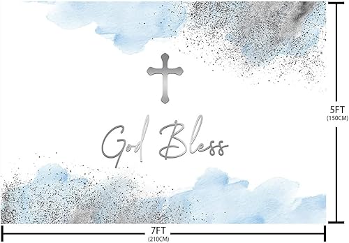 Miniatura 5 de Telón de fondo de 7 x 5 pies para la primera comunión de la primera comunión, bautizo, decoración de fiesta, acuarela azul, nubes plateadas, cruz