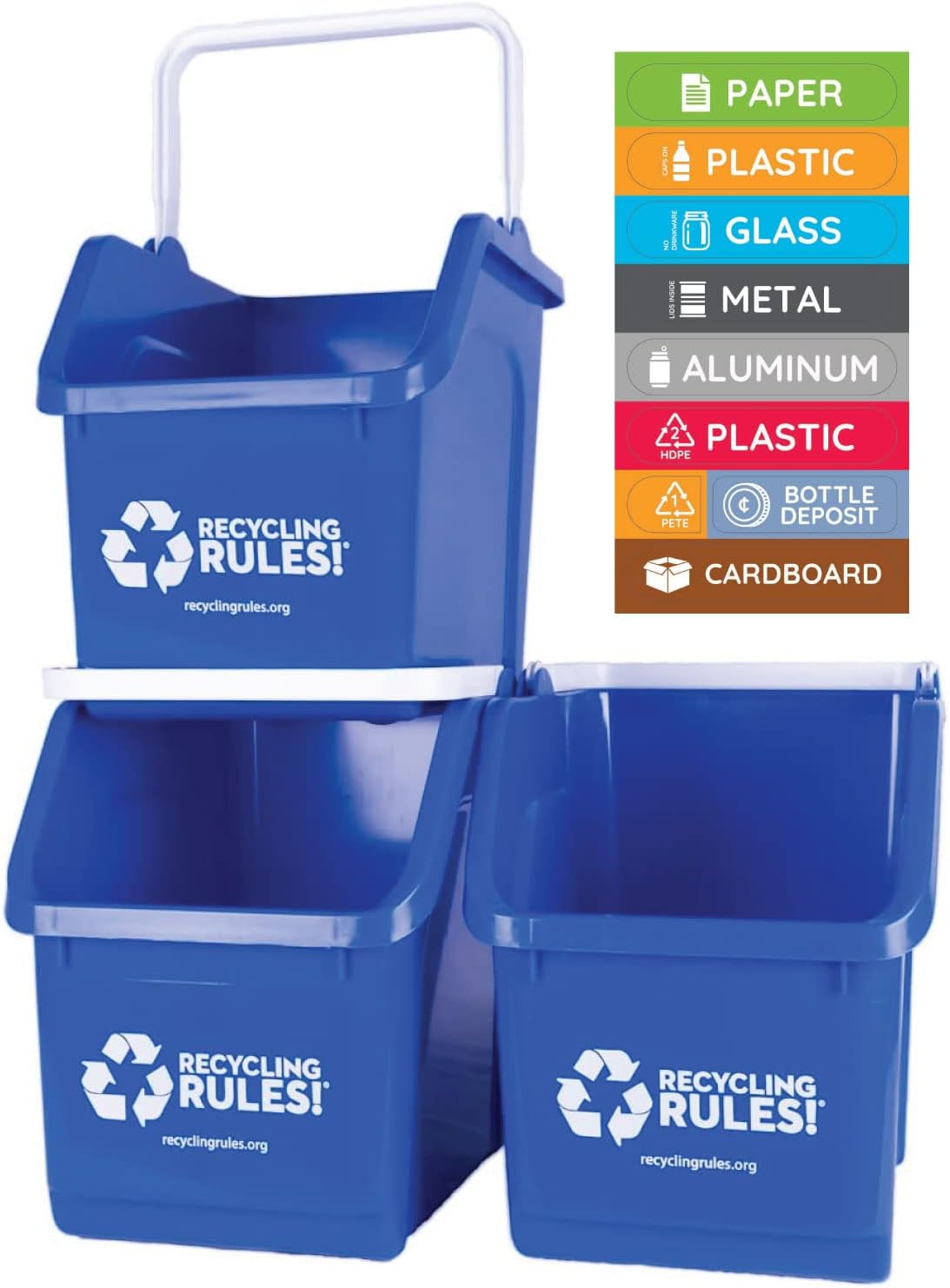 Recycling Rules! 6 Gallon Stackable Recycling Bin Container in Blue, Eco-Friendly BPA-Free Handy Recycler with Handle, 3-Pack with Stickers