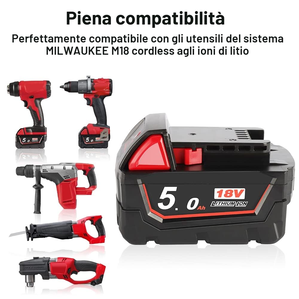 Powarobor M18B5 18V 5.0Ah Batteria di ricambio agli ioni di litio Compatibile con Milwaukee M18 18Volt Batteria 48-11-1860 pack of 2