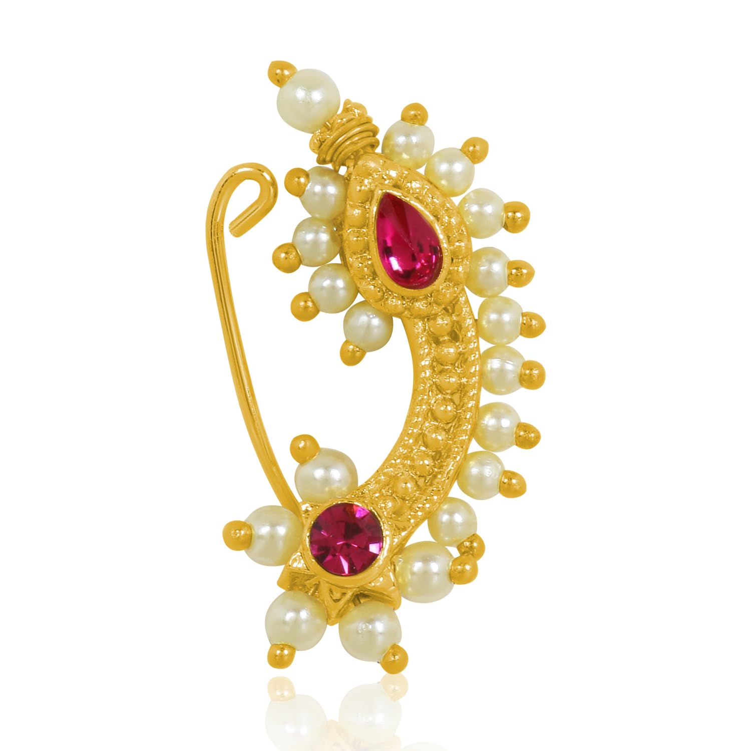 Traditional Rose Gold Red Kundan Nose Ring with Gemstone Earrings, Alloy Nath,Nose Pin,For Women Girls (Style2)-image-24