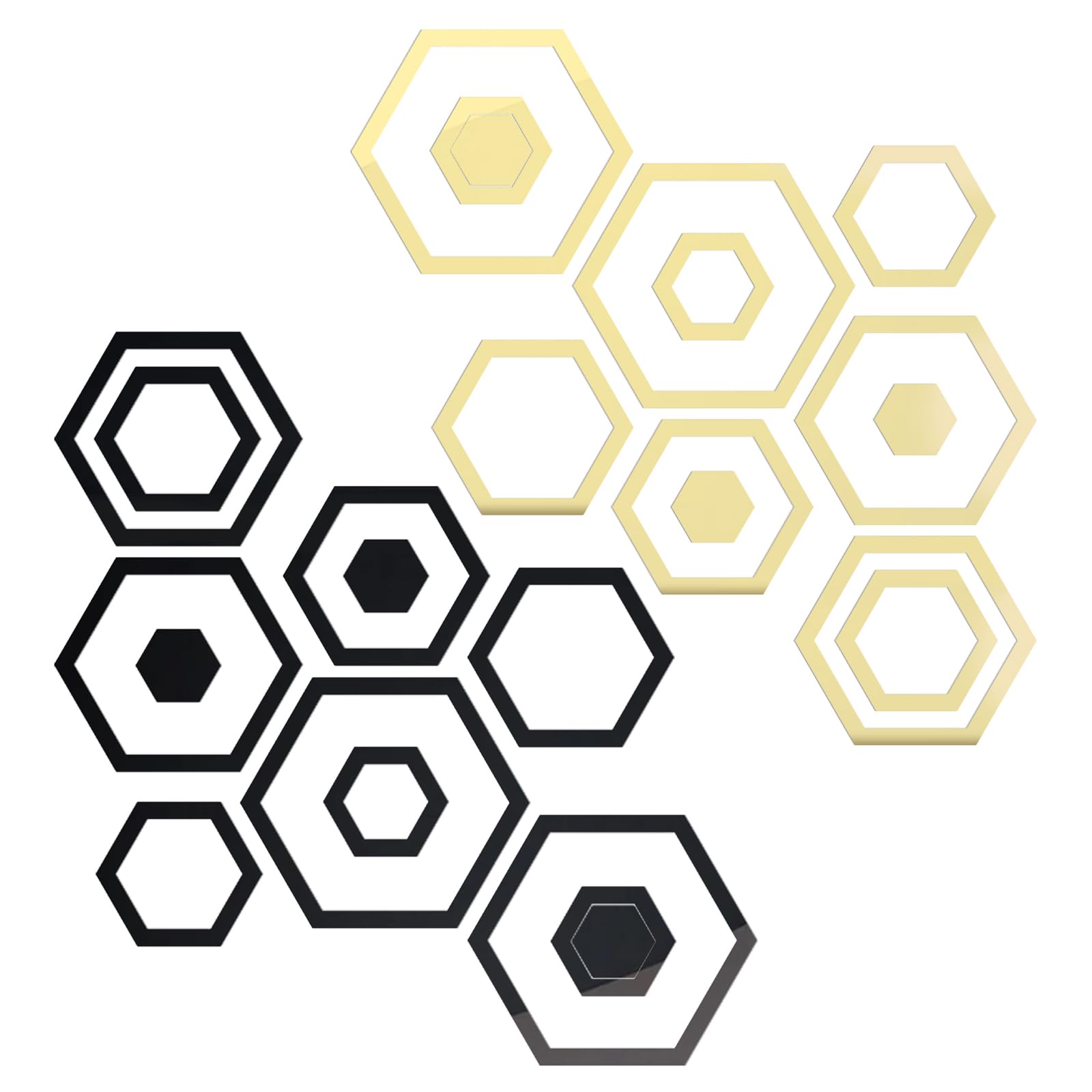 Polygon Mirror Wall Decor Stickers, 48Pcs Removable Acrylic Mirror Stickers, Self-Adhesive Mirror Acrylic Wall Stickers for Home, Living Room, Bedroom (Black+Gold)