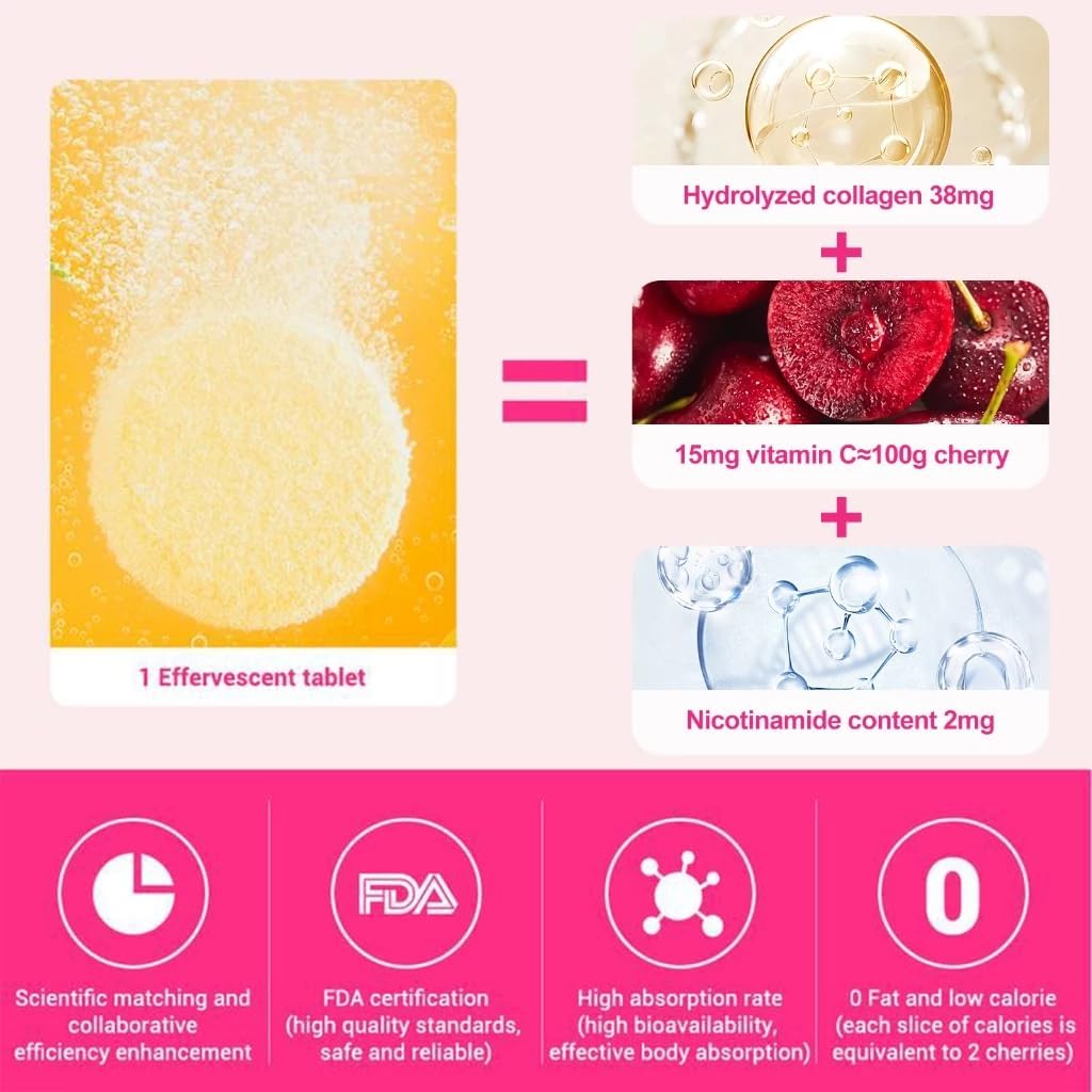 Vitamin C Effervescent Tablets with Collagen, Potent Immune Support VIT C with Collagen Supplement, Antioxidants Skin Radiance, Dissolvable Vitamin C 40 Tablets (Pack of 2), Sweet Orange Flavor