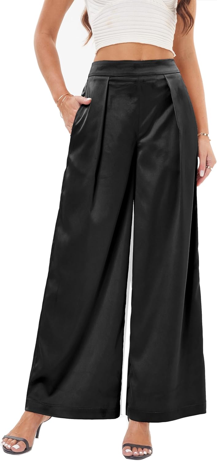 Fakanhui Women's Wide Leg Palazzo Pants Satin Work Business Casual Slacks Dressy Pleated Party Club Trouser - Image 6