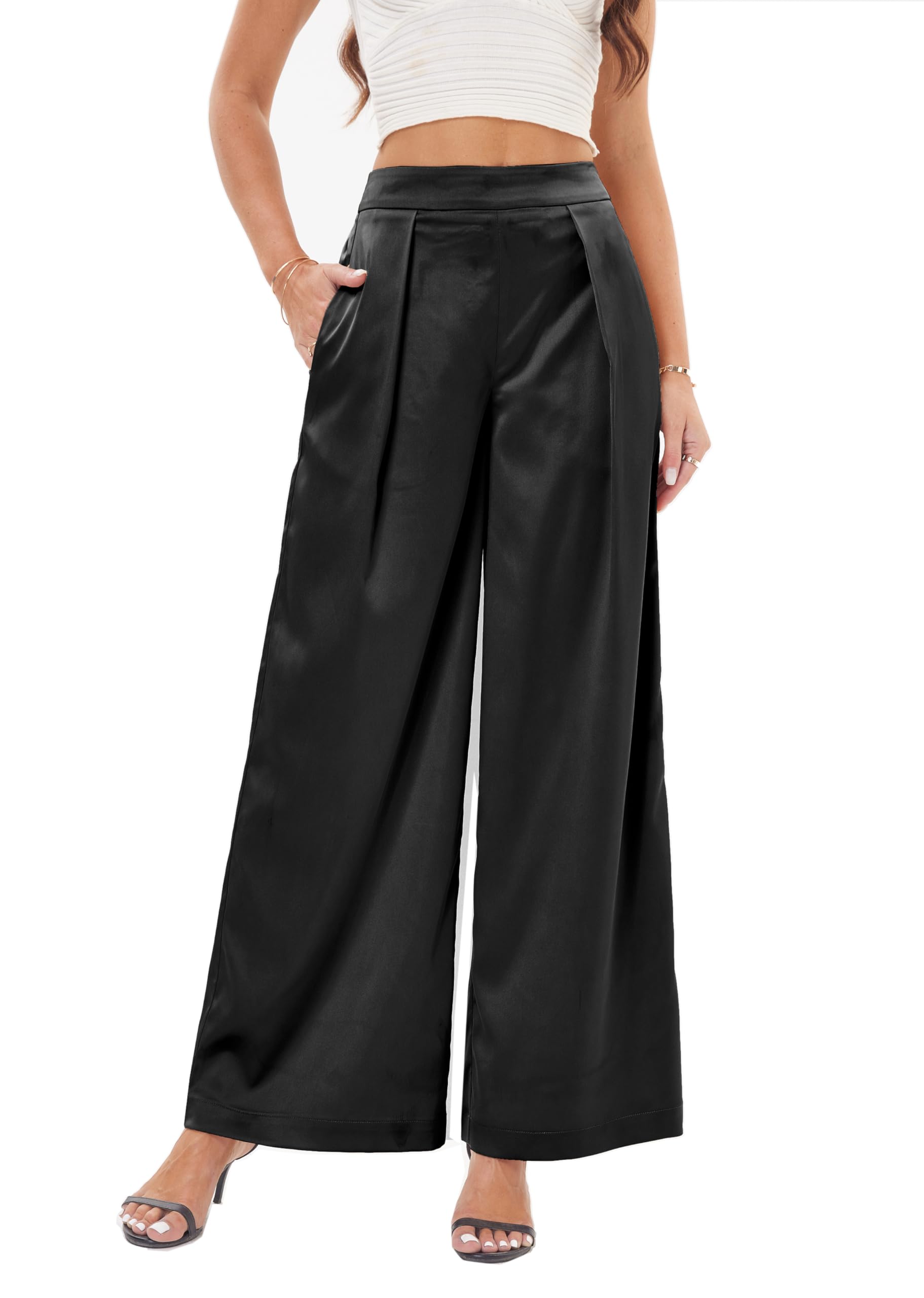 Fakanhui Pantaloni a palazzo da donna a gamba larga, in raso, da lavoro, lavoro, casual, eleganti, pieghettati, per feste, club