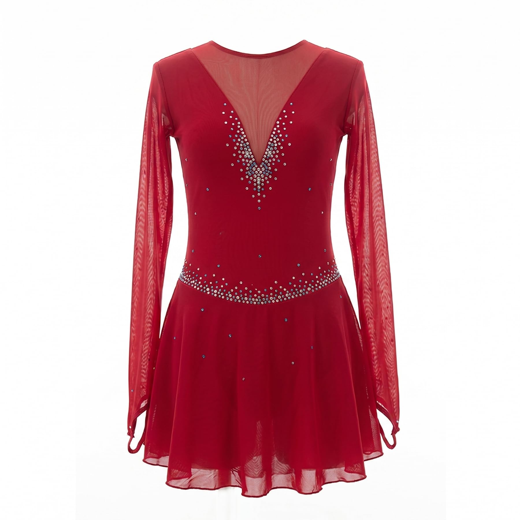 Abito da Pattinaggio Artistico Borgogna a Maniche Lunghe Vestito Pattinaggio sul Ghiaccio Gara con Strass Brillanti Body Danza Competizione Personalizzato