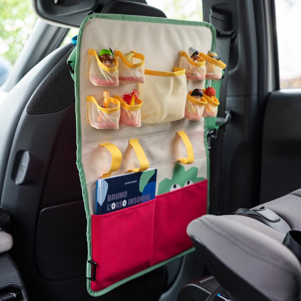 FABA - organizer per auto VROOMMM - per quando si è in viaggio - Si appende allo schienale del sedile anteriore - presenta numerosi scomparti - diventa una valigetta facile da trasportare